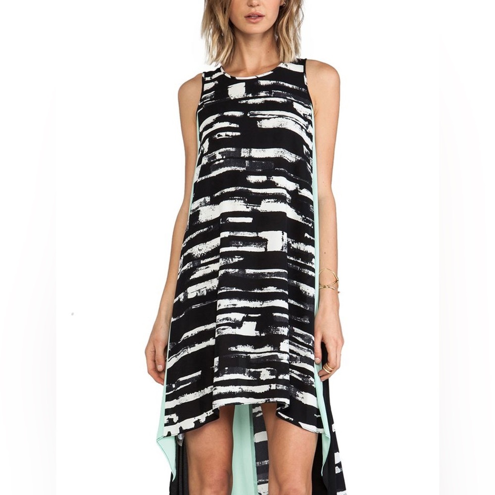 BCBGMaxAzria Black and White High-Low Sleeveless Dress with Mint Trim